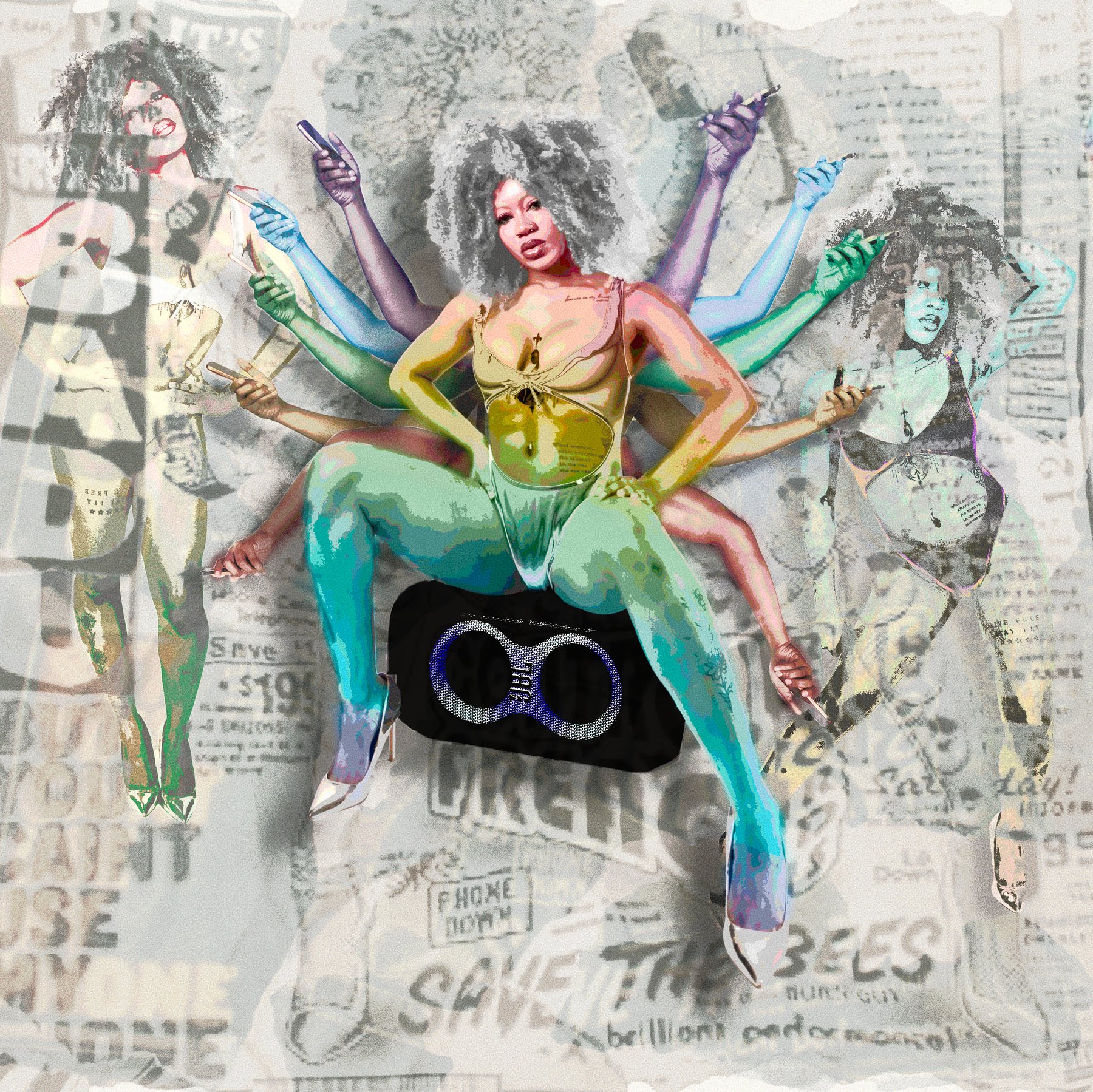 But You Caint Use My Phone cover recreation — central figure with six arms holding phones above a boombox