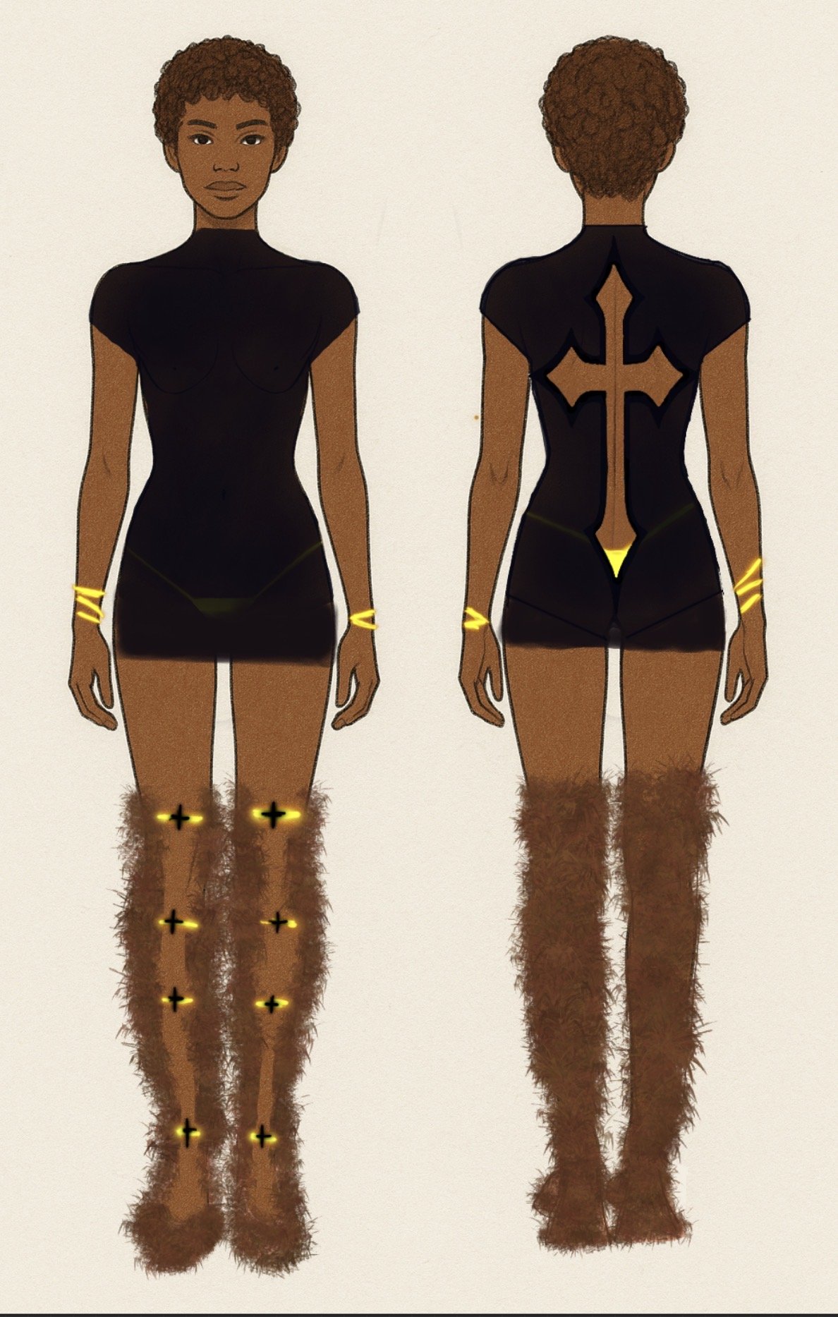 Black mini dress with cross cutout back and fur boots, front and back view