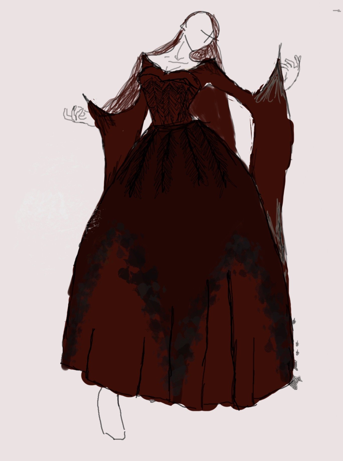 Burgundy ballgown with feathered corset detail