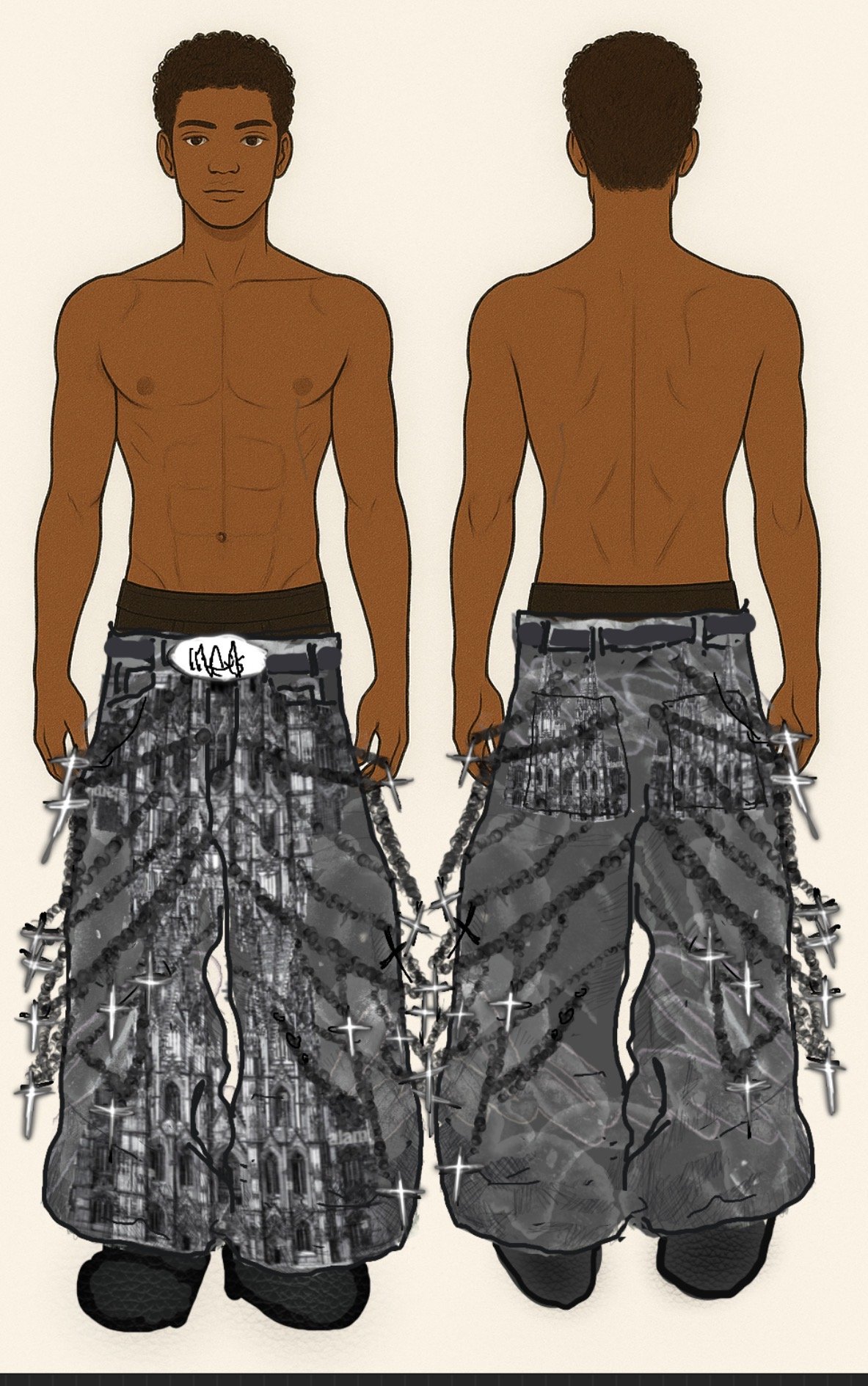 Wide cathedral-print pants with beaded cross detail and spikes, front and back