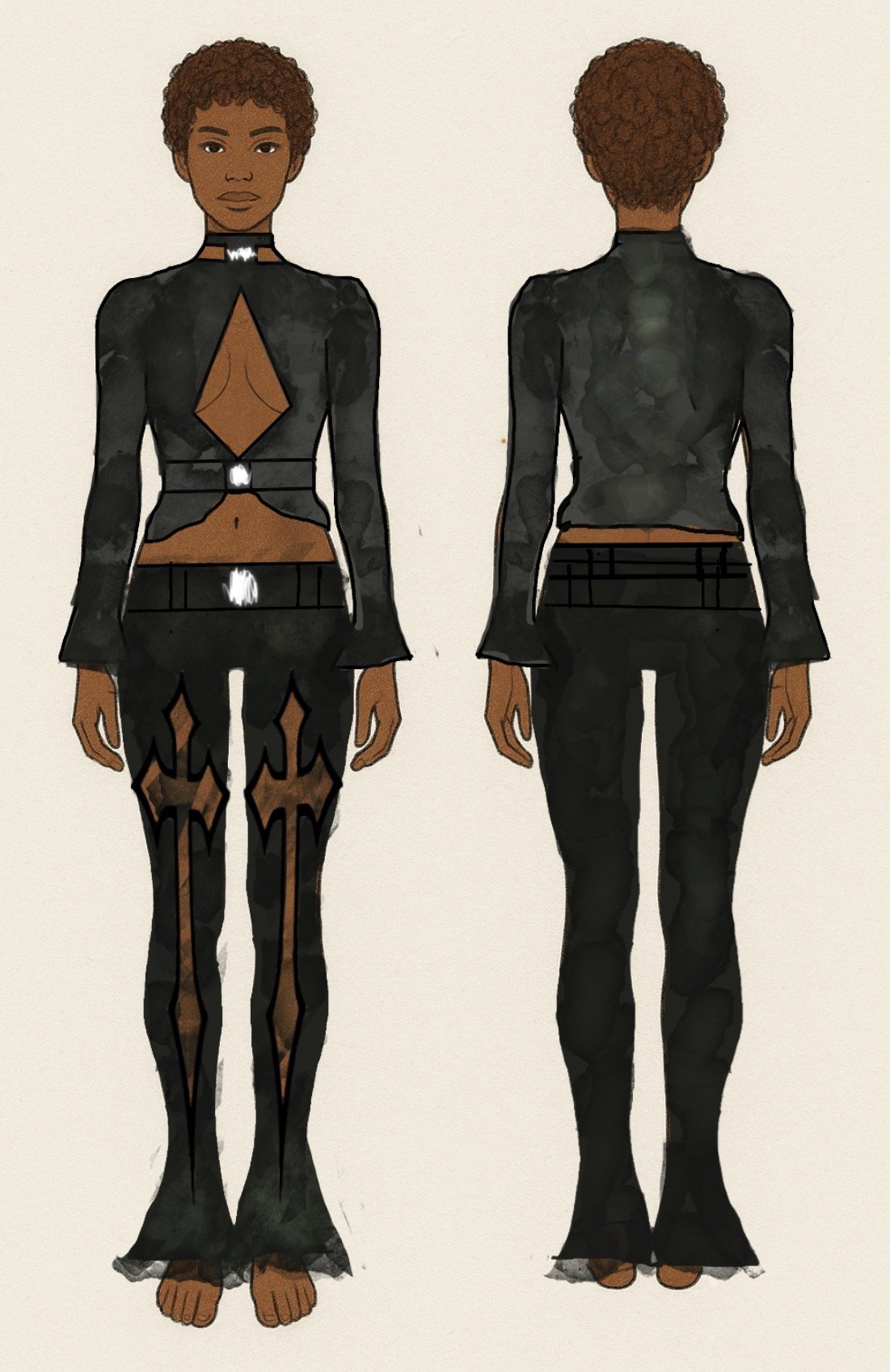 Black cutout top with diamond chest opening, belted skirt, and trident leg detailing