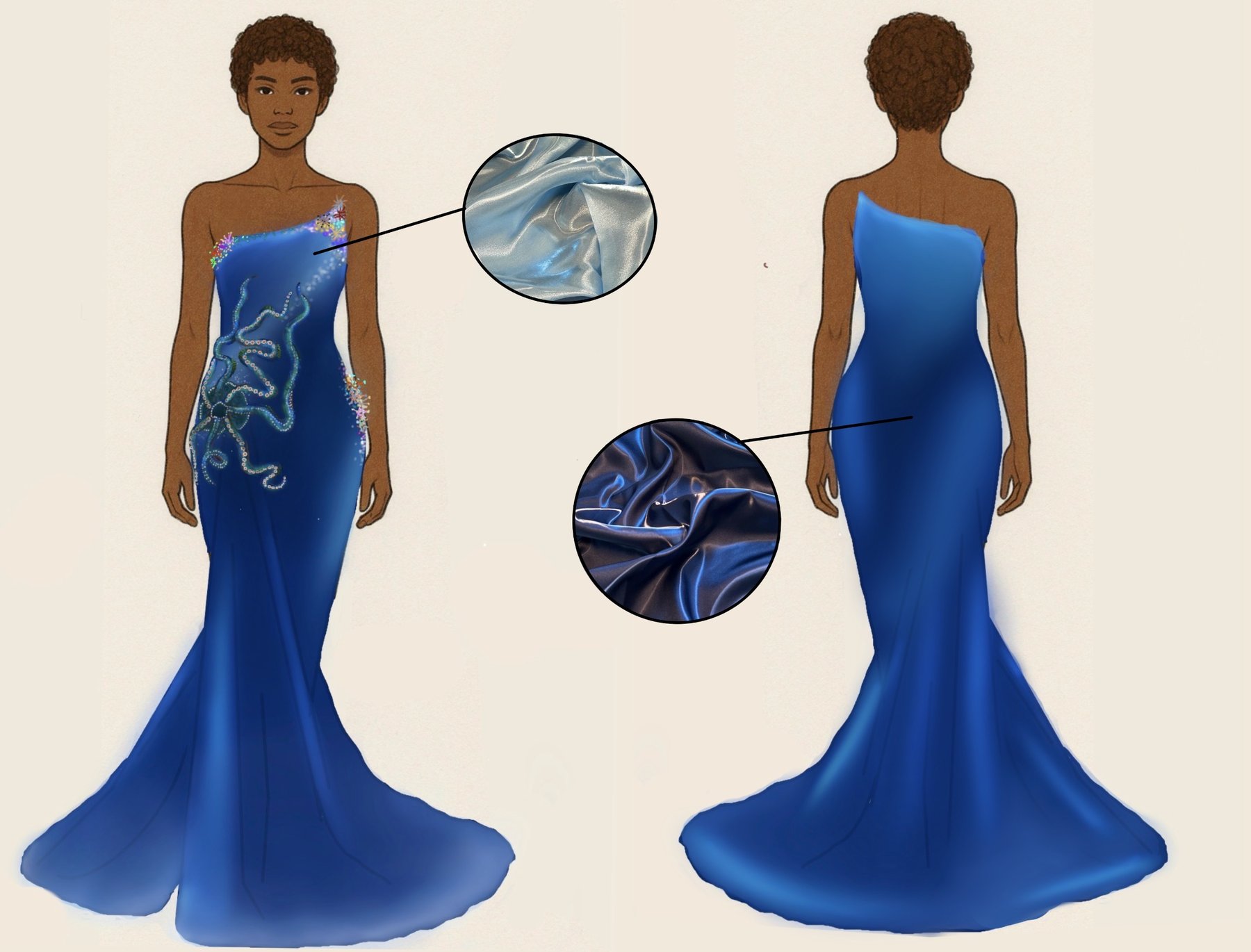 Technical flat of the blue gown with satin swatches