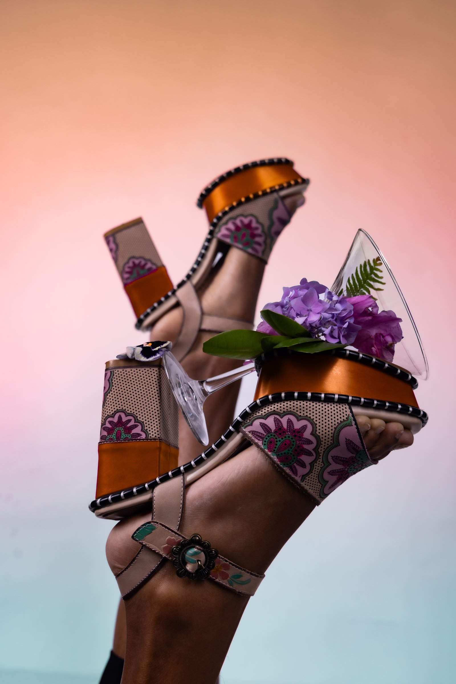 Floral platform heel with hydrangea-filled glass